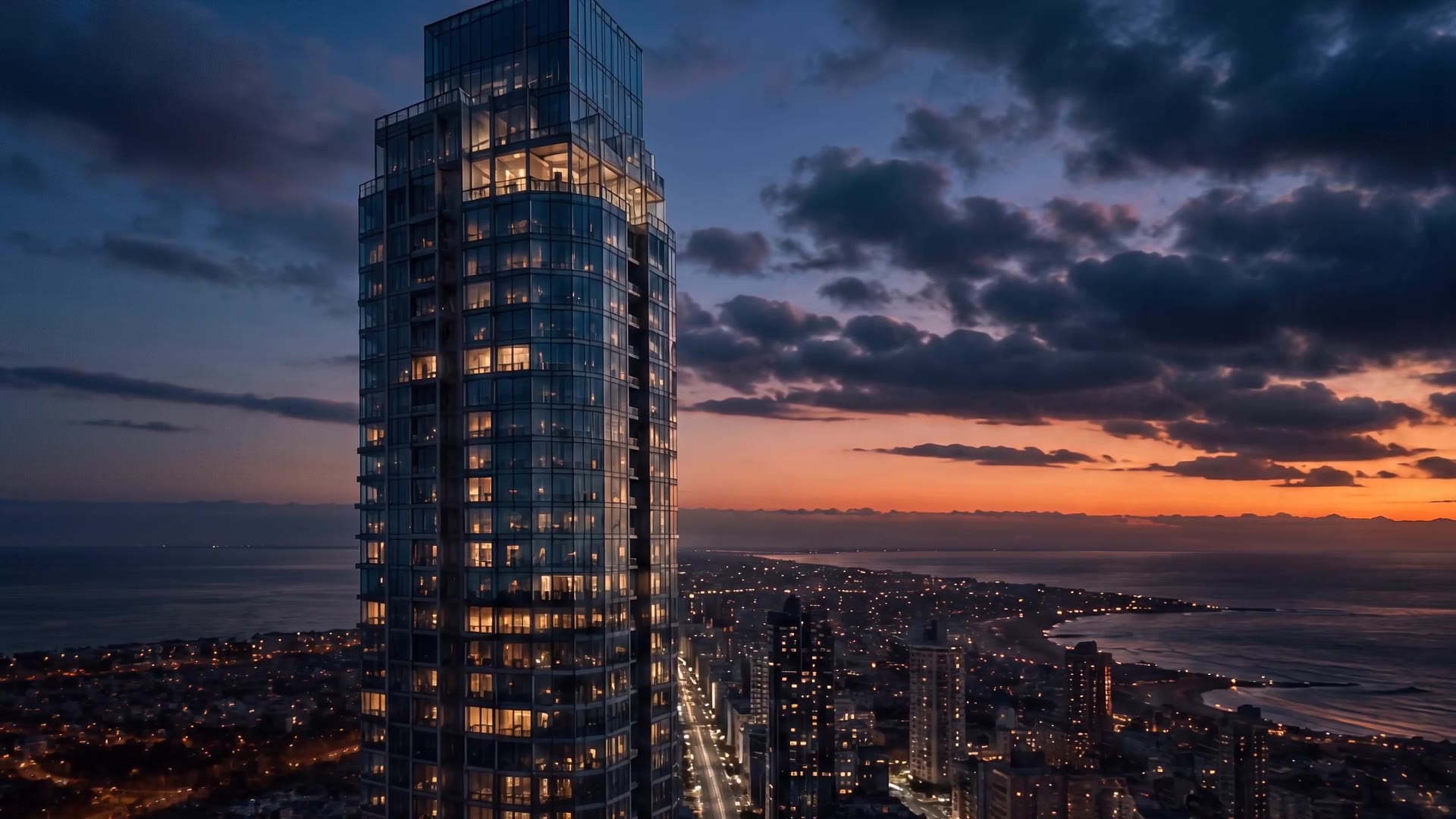 The approach: the tower at dusk