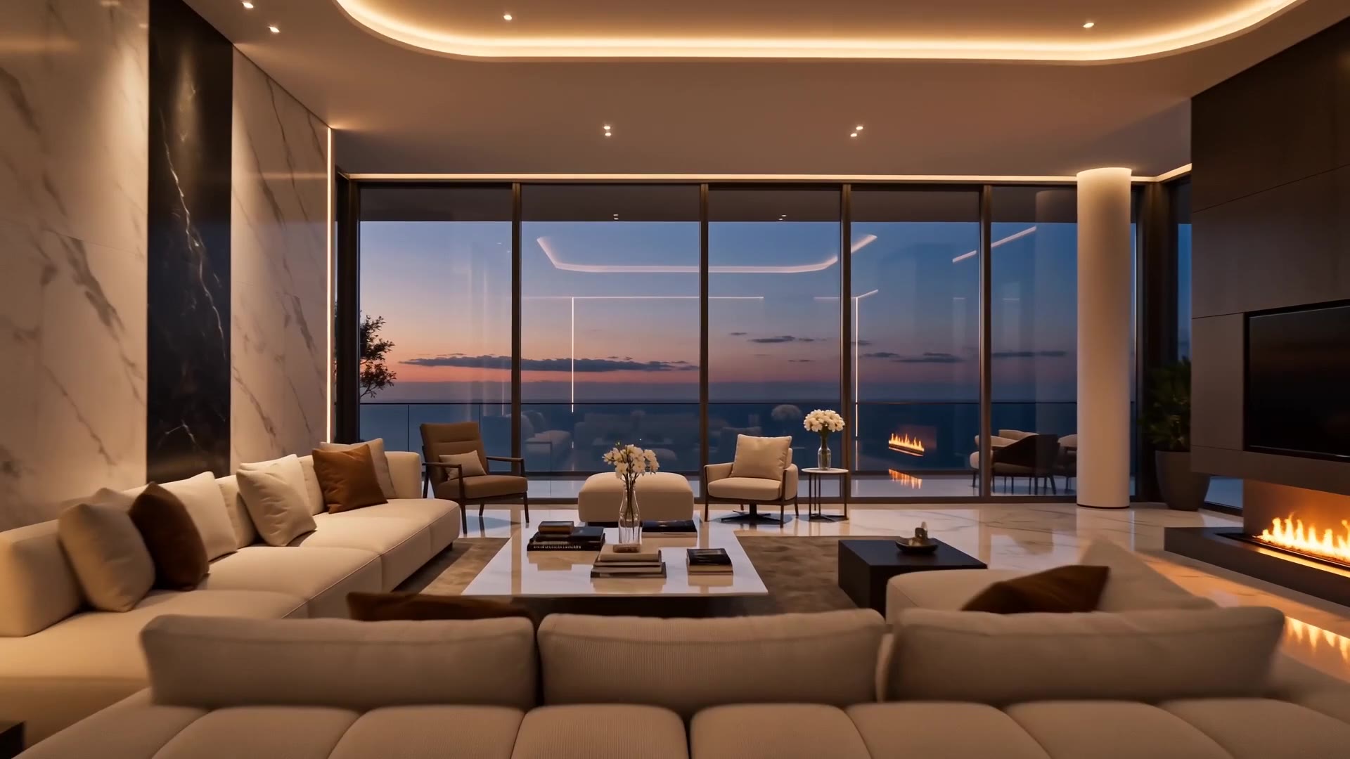 Living room with fireplace and ocean views