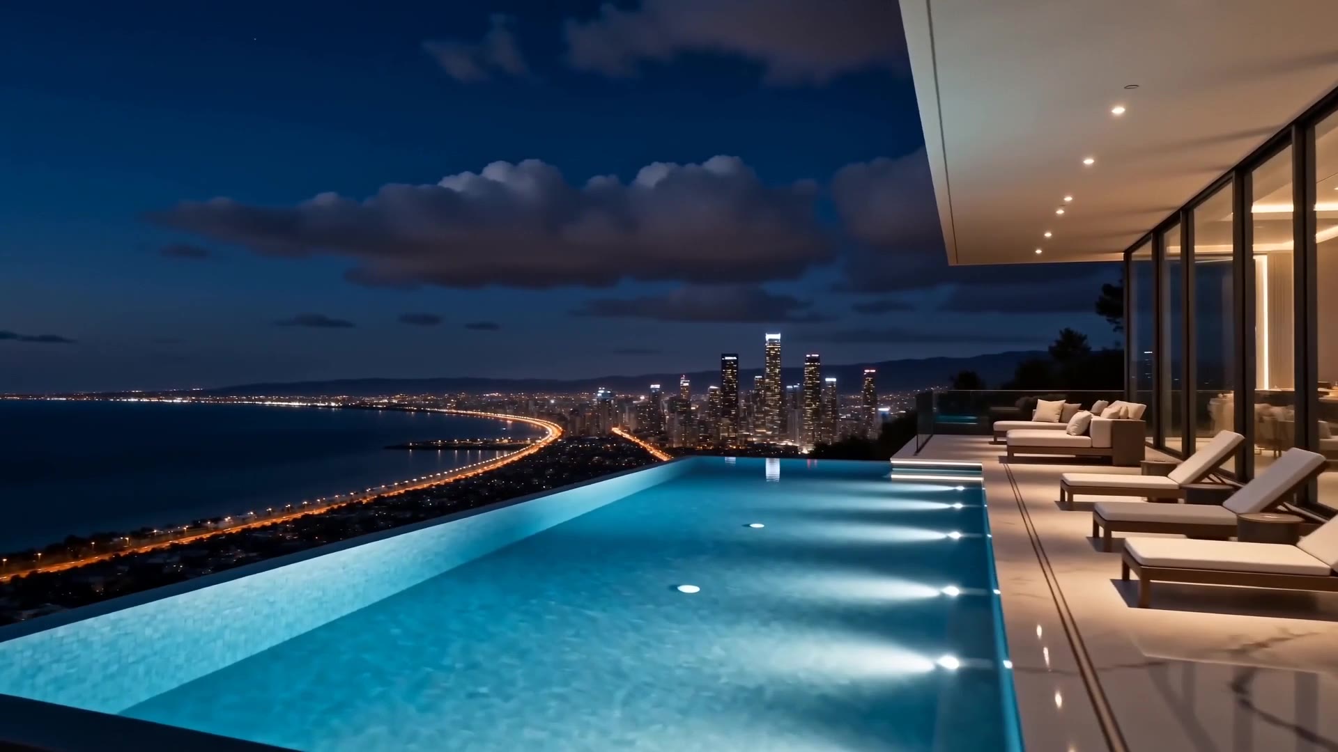 Wraparound terrace with infinity pool at night
